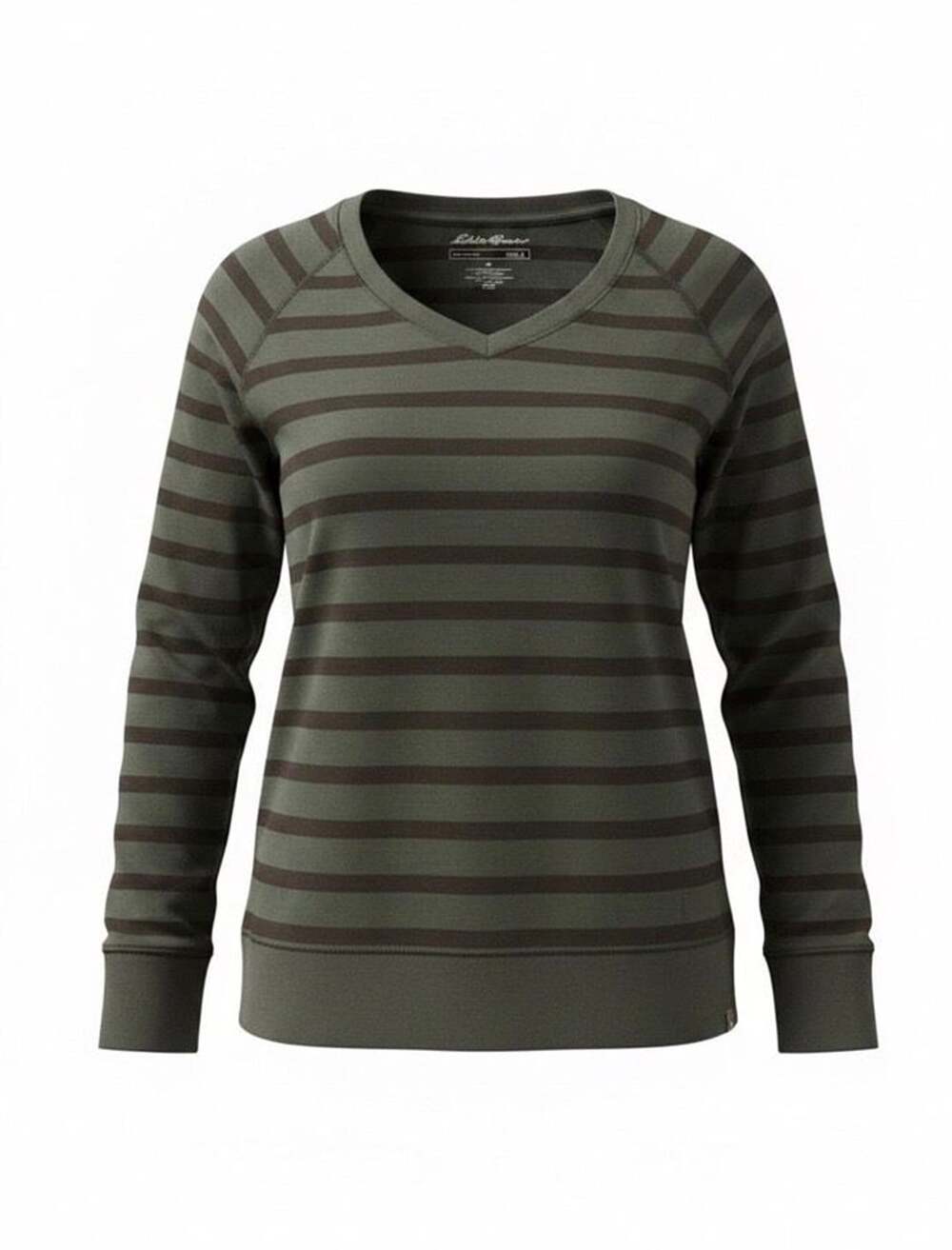 Eddie Bauer Women's Large Green Brown Striped V-Neck Long Sleeve Pullover Top